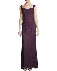 La Femme Square Neck Sleeveless Embellished Lace Evening Gown
