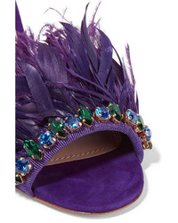 Miu Miu Crystal And Feather Embellished Suede Mules Purple
