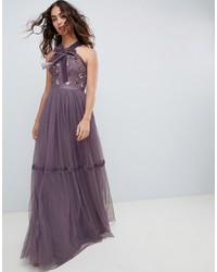 Needle & Thread High Neck Embroidered Maxi Gown In Purple