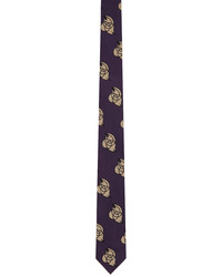 Dries Van Noten Purple Silk Embroidered Graphic Tie