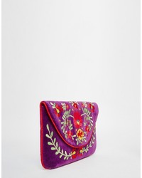 Moyna Velvet Envelope Clutch Bag With Embroidery