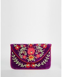 Moyna Velvet Envelope Clutch Bag With Embroidery