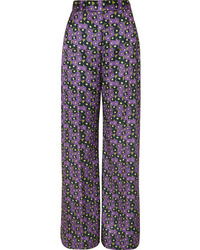 Violet Floral Satin Wide Leg Pants