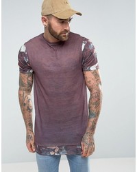 Asos Super Longline T Shirt In Linen Look Fabric With Floral Sleeves Hem Extender