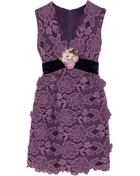 Anna Sui Camilla Velvet Trimmed Crocheted Lace Mini Dress Plum