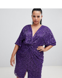 Little Mistress Plus All Over Sequin Knot Front Midi Dress In Purple