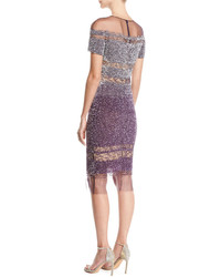 Pamella Roland Short Sleeve Ombre Sequined Cocktail Dress