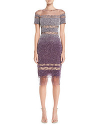 Pamella Roland Short Sleeve Ombre Sequined Cocktail Dress