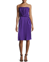 Saint Laurent Strapless Pleated Silk Dress Purple