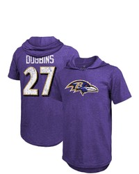 Majestic Threads Jk Dobbins Purple Baltimore Ravens Player Name Number Tri Blend Hoodie T Shirt
