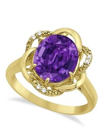 Allurez Purple Amethyst Diamond Flower Cocktail Ring 14k Yellow Gold