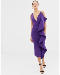 Lavish Alice Scuba V Midi Dress With Sculpted Frill Detail In Purple