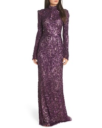 Mac Duggal High Neck Sequin Gown With Train
