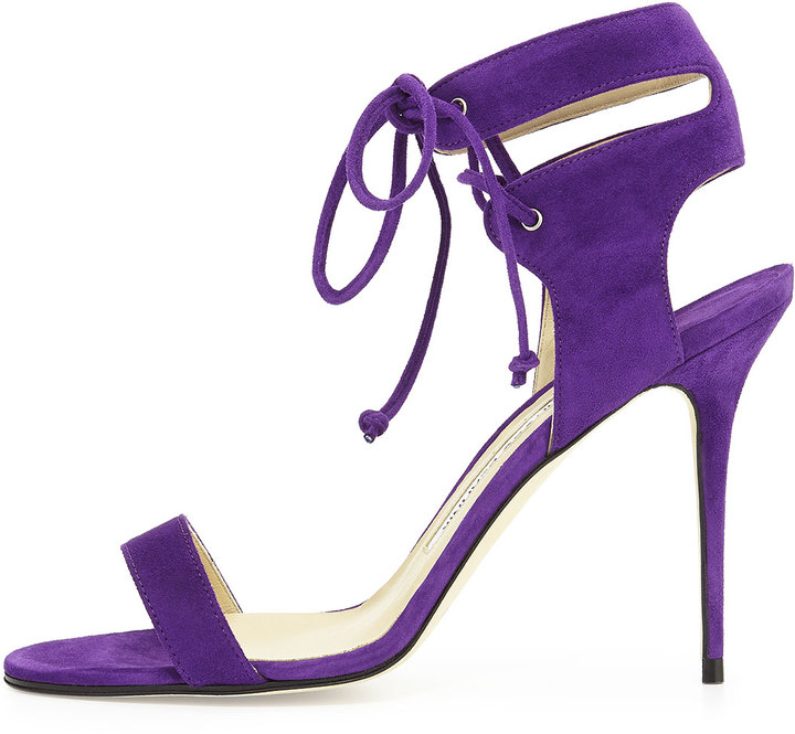 Manolo Blahnik Laramod Suede Ankle Wrap Sandal Purple, $815 | Neiman ...
