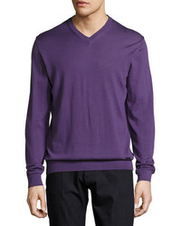Armani Collezioni Wool V Neck Sweater Purple