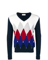 White and Black Argyle V-neck Sweater
