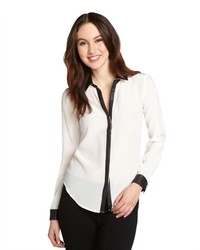 Gemma White Silk And Black Faux Leather Long Sleeve Blouse