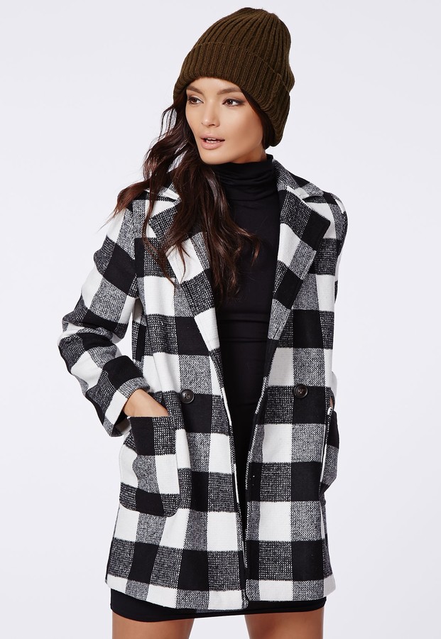 black and white check coat womens