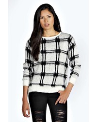 White and Black Check Crew-neck Sweater