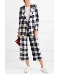 Thom Browne Double Breasted Frayed Checked Wool Blend Blazer