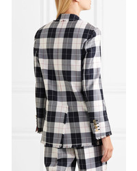 Thom Browne Double Breasted Frayed Checked Wool Blend Blazer