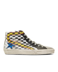 White and Black Check Leather High Top Sneakers