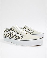 White and Black Check Leather Low Top Sneakers