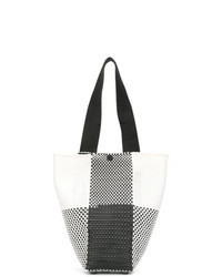 White and Black Check Leather Tote Bag