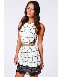Missguided Kaly Grid Print Lace Hem Mini Skirt Green