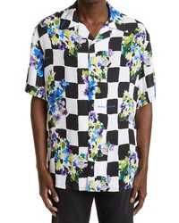 Off-White Check Floral Holiday Short Sleeve Button Up Camp Shirt