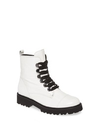 White and Black Chunky Leather Lace-up Flat Boots
