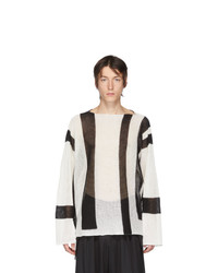 Sulvam White And Black Open Knit Crewneck Sweater