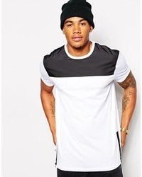 Asos Longline T Shirt With Woven Panel And Side Zip Skater Fit Whiteblack