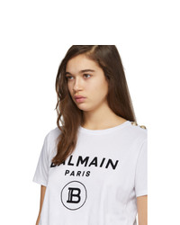 Balmain White 3 Button Flocked Logo T Shirt