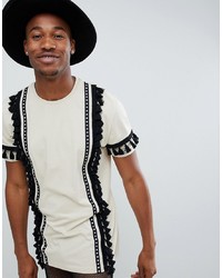 ASOS DESIGN Festival Relaxed Longline T Shirt With Aztec Taping And Tassels In Ecru
