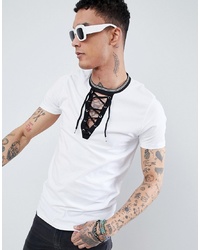 ASOS DESIGN Longline T Shirt With Contrast Deep Lace Up Neck With Tipping In White