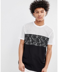 ASOS DESIGN Relaxed Longline T Shirt In Mesh With Lace Panel In Black