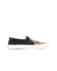 White and Black Embroidered Canvas Slip-on Sneakers