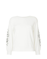 White and Black Embroidered Crew-neck Sweater