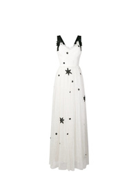 White and Black Embroidered Evening Dress