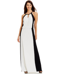 London Times Chain Trim Colorblocked Halter Gown