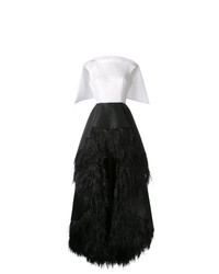 Isabel Sanchis Feather Trimmed High Low Lengua Gown