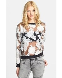 White and Black Floral Chiffon Long Sleeve Blouse