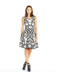 Marchesa Voyage Black And White Stretch Knit Floral Fit And Flare Slip On Dress