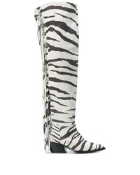 White and Black Fringe Leather Over The Knee Boots