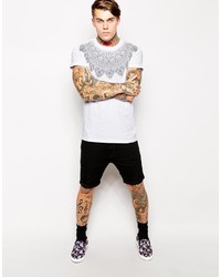 Asos T Shirt With Geo Tribal Yoke Print And Rolled Sleeve Skater Fit