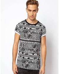 Asos T Shirt With All Over Monochrome Print With Rolled Sleeves Black