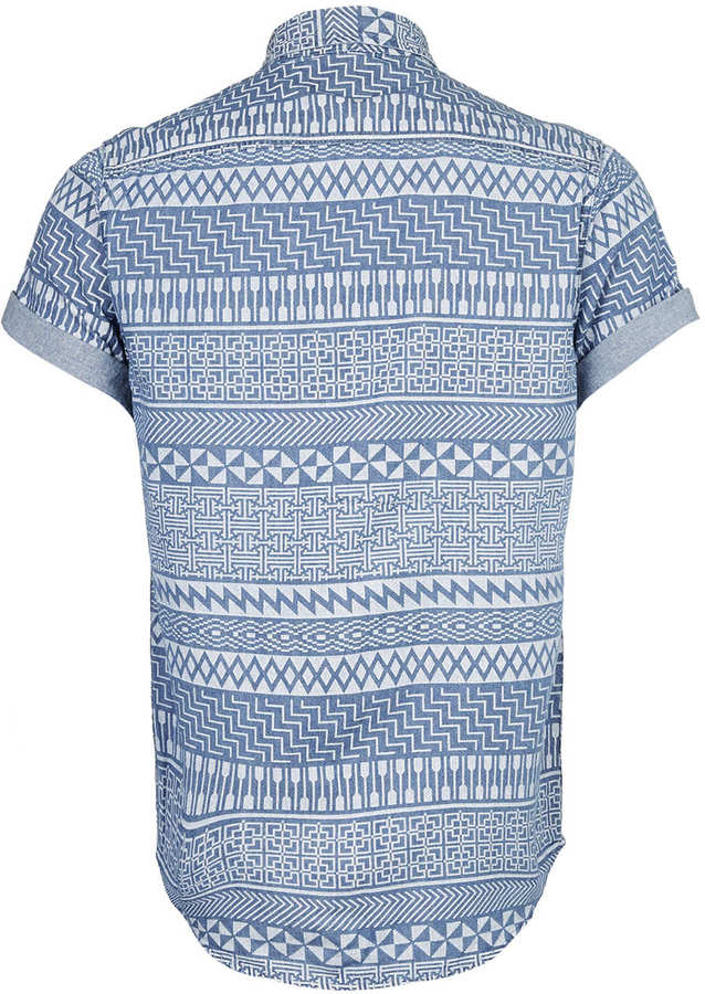 Printed Blue Men's Half Sleeve Denim Shirt