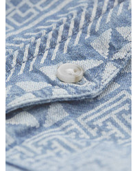 Topman White Aztec Print Short Sleeve Blue Denim Shirt