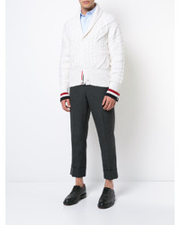 Thom Browne Shawl Collar Cardigan With Aran Cable In Fine Merino Wool And Red White And Blue Cuff Stripe